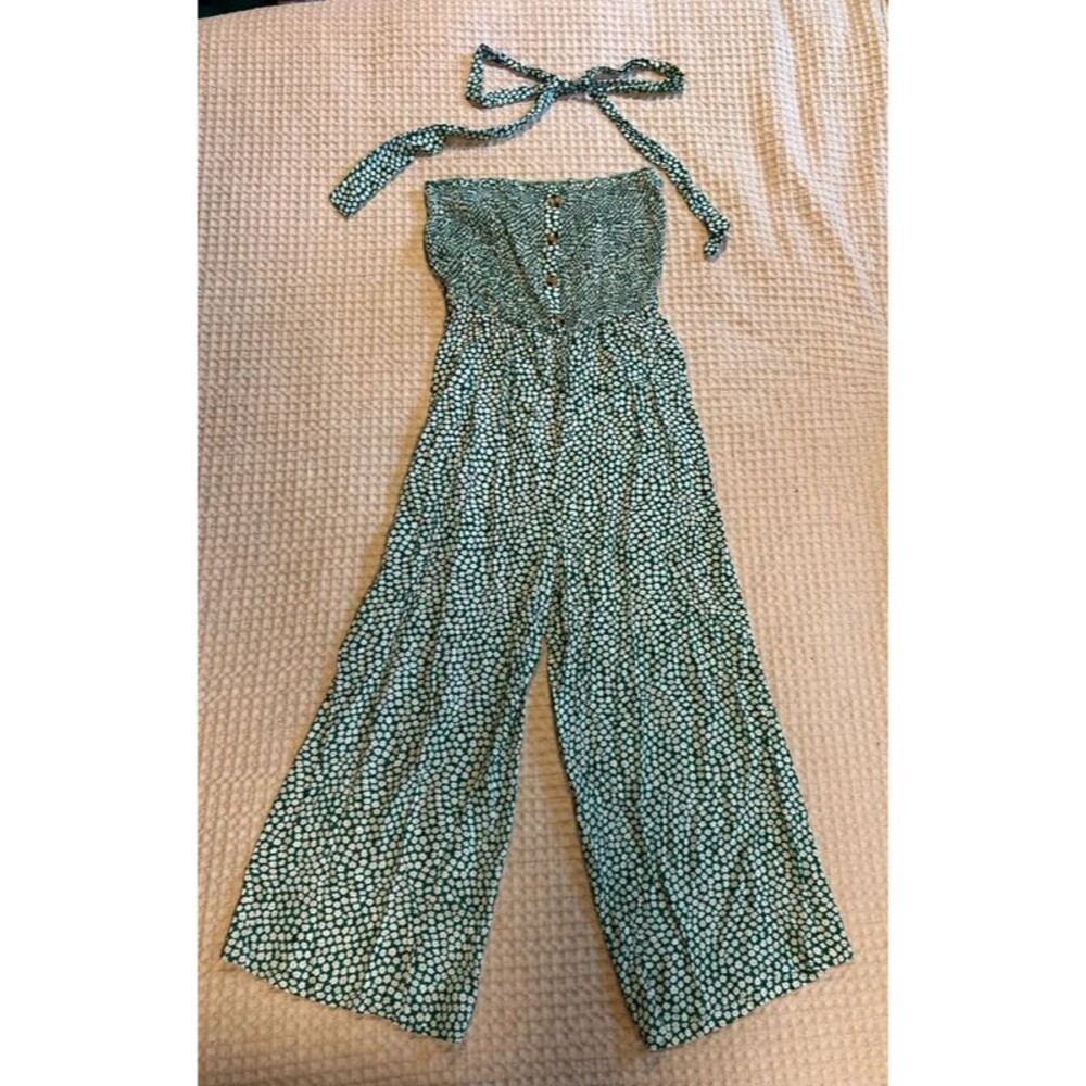Angashion Green Floral Smocked Halter Wide Leg Jumpsuit Size Small